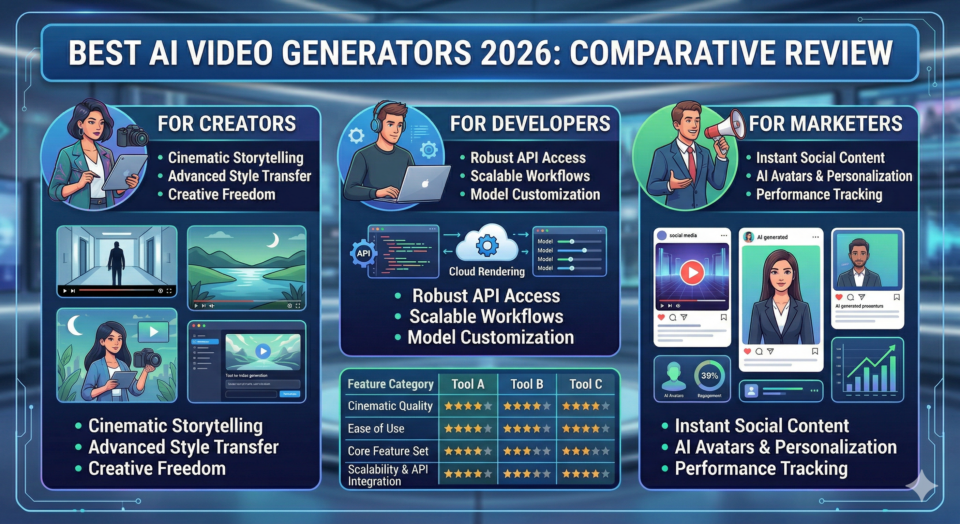 Infographic comparing the best AI video generators of 2026, highlighting top features for content creators, software developers, and digital marketers.